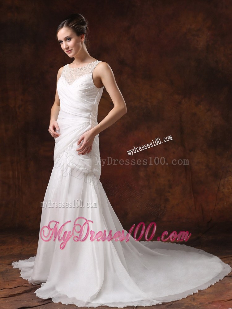 Ruffle-layers Bateau Neckline Sleeveless White Wedding Dress Court Train