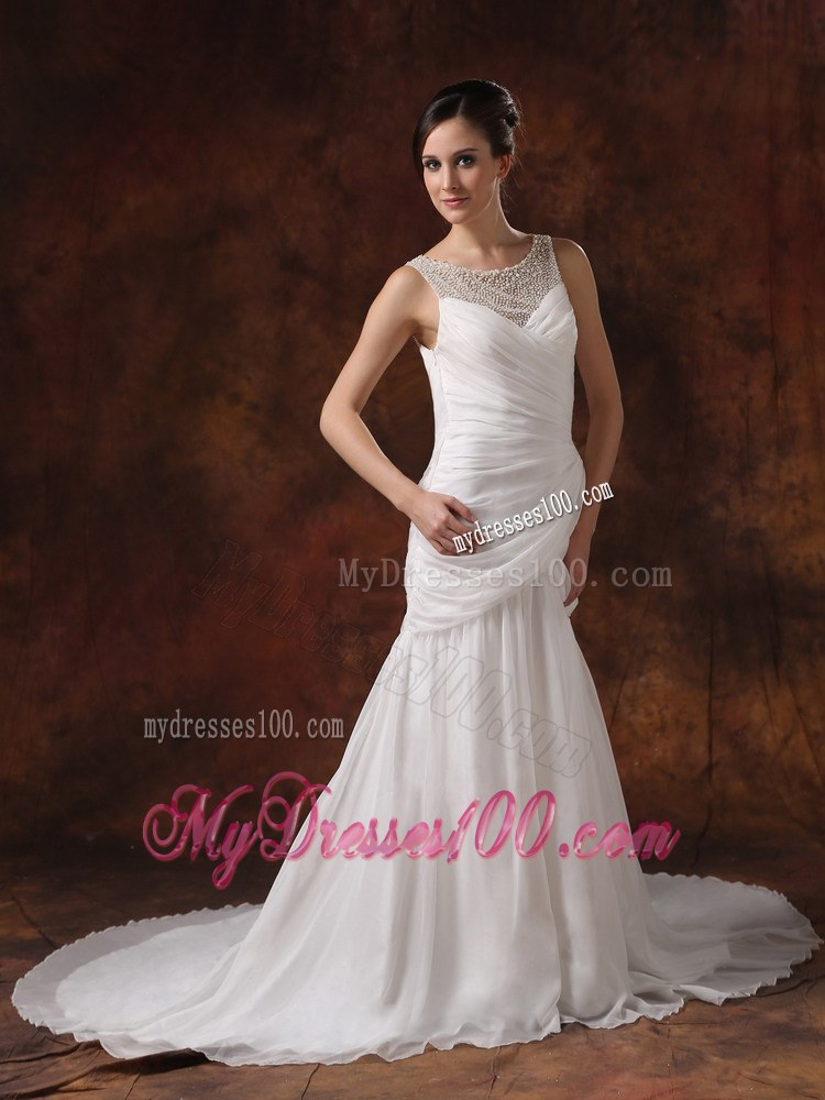Ruffle-layers Bateau Neckline Sleeveless White Wedding Dress Court Train