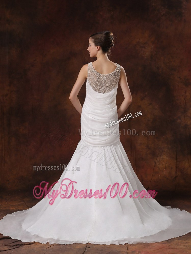 Ruffle-layers Bateau Neckline Sleeveless White Wedding Dress Court Train