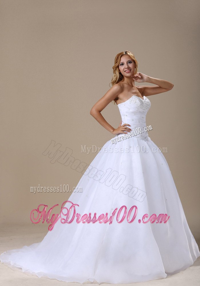 Beaded and Ruched A-line Organza Wedding Gown with Court Train