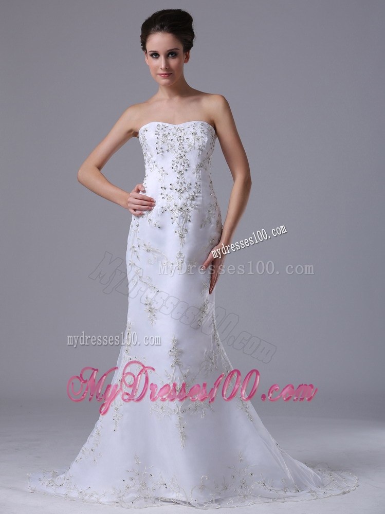 Pretty Embroidery and Beading Column Sweep Train Dress For Wedding