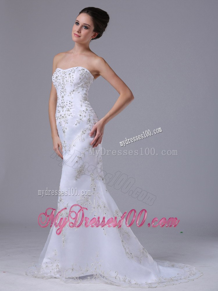 Pretty Embroidery and Beading Column Sweep Train Dress For Wedding