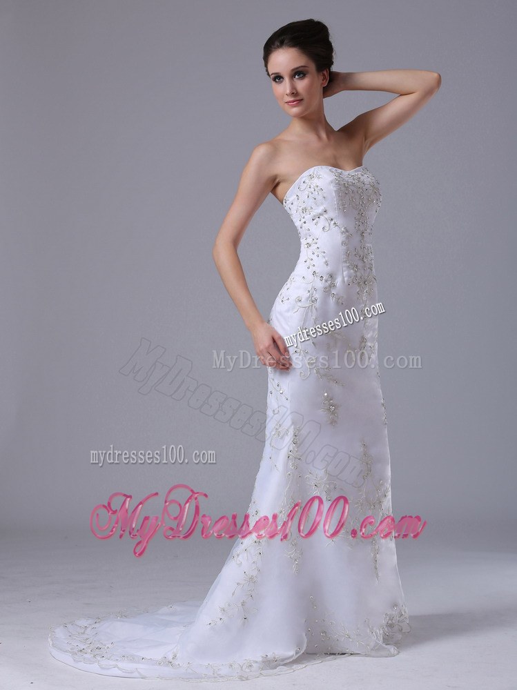 Pretty Embroidery and Beading Column Sweep Train Dress For Wedding