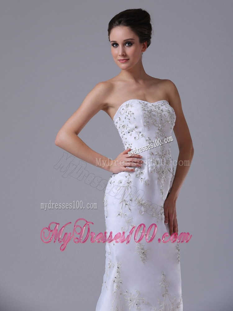 Pretty Embroidery and Beading Column Sweep Train Dress For Wedding