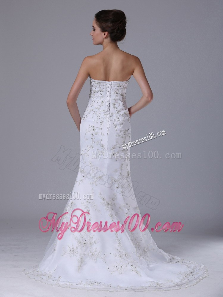 Pretty Embroidery and Beading Column Sweep Train Dress For Wedding
