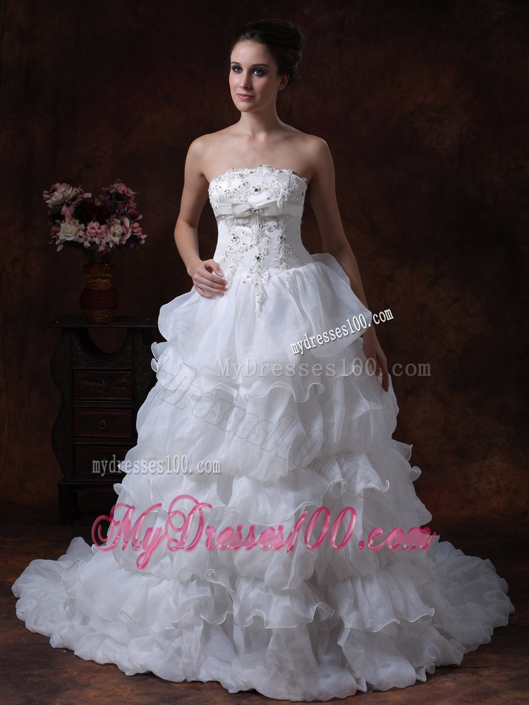 Beaded Bodice for Ruffled Layers Decorated Court Train Wedding Bridal Dresses