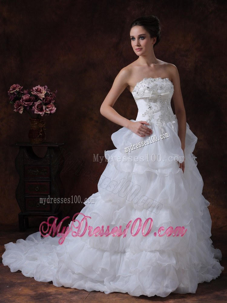 Beaded Bodice for Ruffled Layers Decorated Court Train Wedding Bridal Dresses