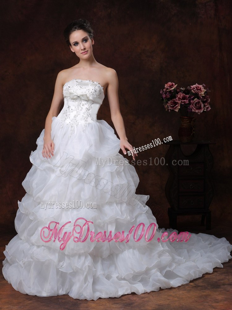 Beaded Bodice for Ruffled Layers Decorated Court Train Wedding Bridal Dresses