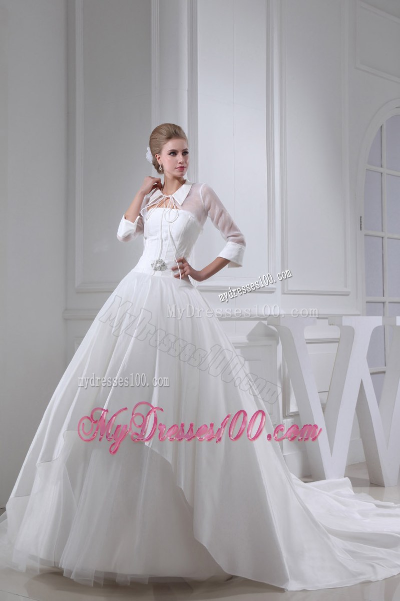 Jewelry Decorated Chapel Train Bridal Gown with puffy Skirt and Transparent jacket
