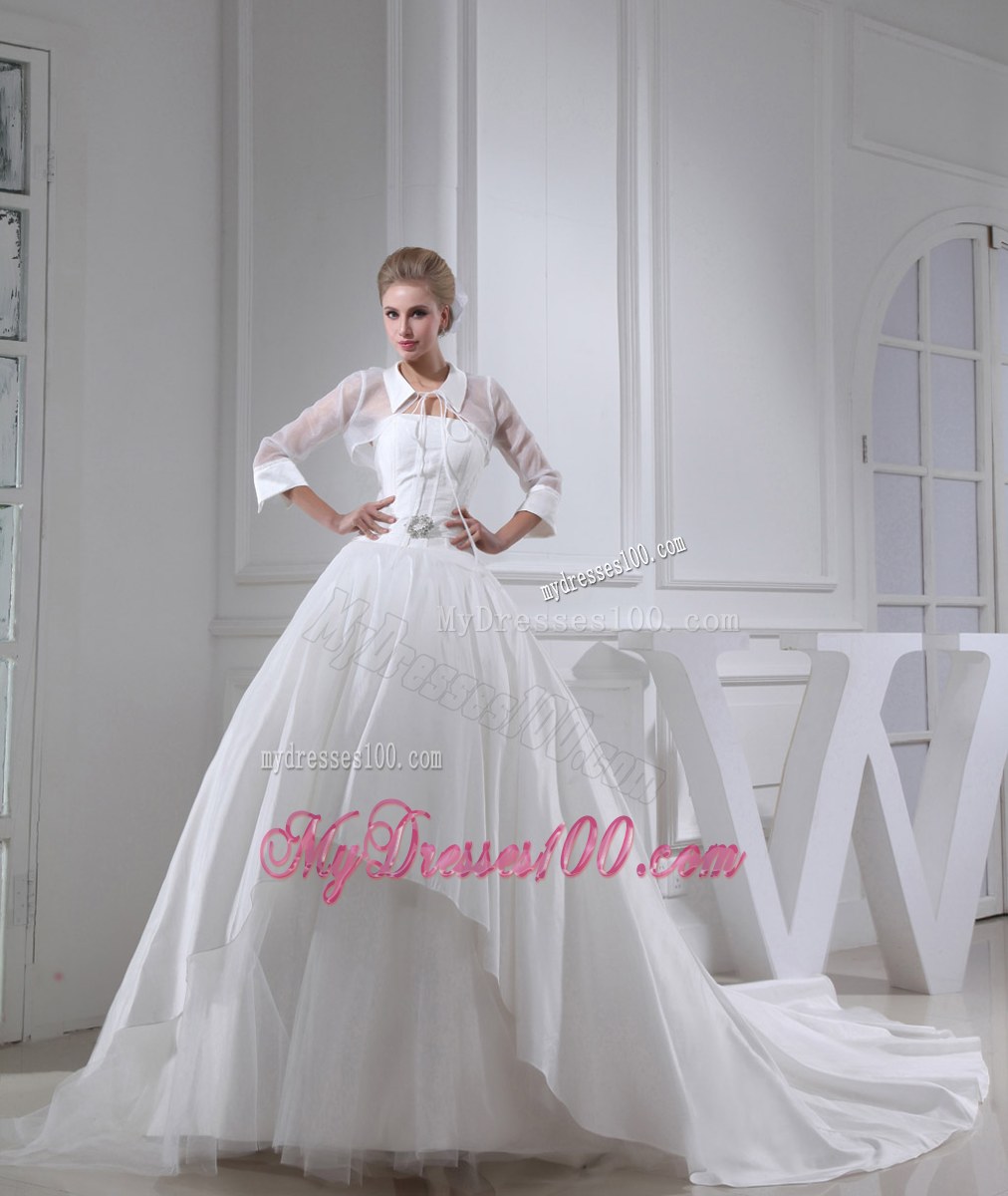 Jewelry Decorated Chapel Train Bridal Gown with puffy Skirt and Transparent jacket