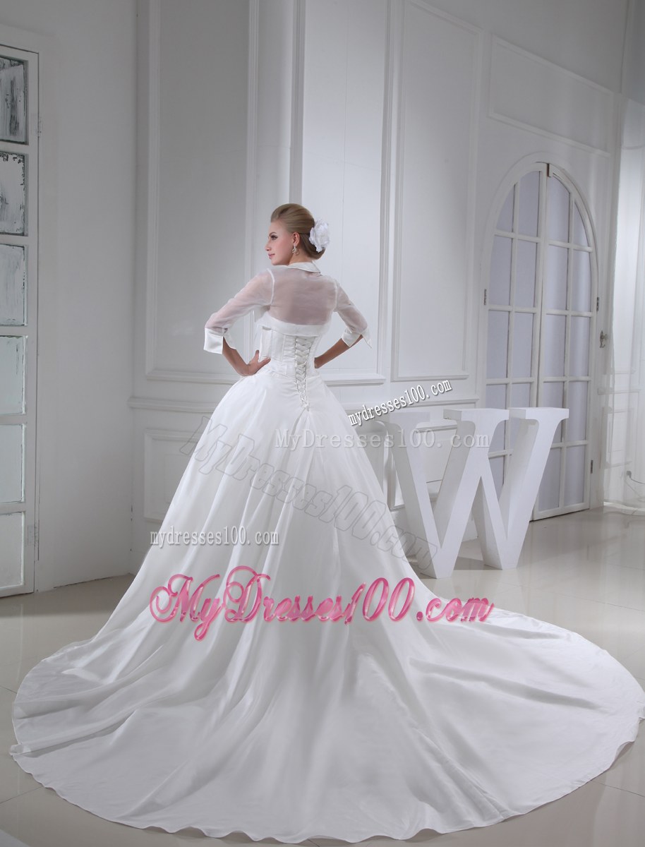 Jewelry Decorated Chapel Train Bridal Gown with puffy Skirt and Transparent jacket