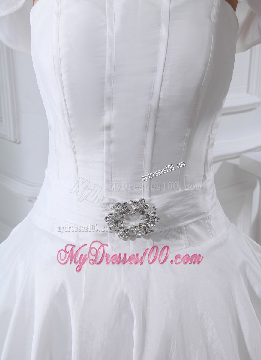 Jewelry Decorated Chapel Train Bridal Gown with puffy Skirt and Transparent jacket
