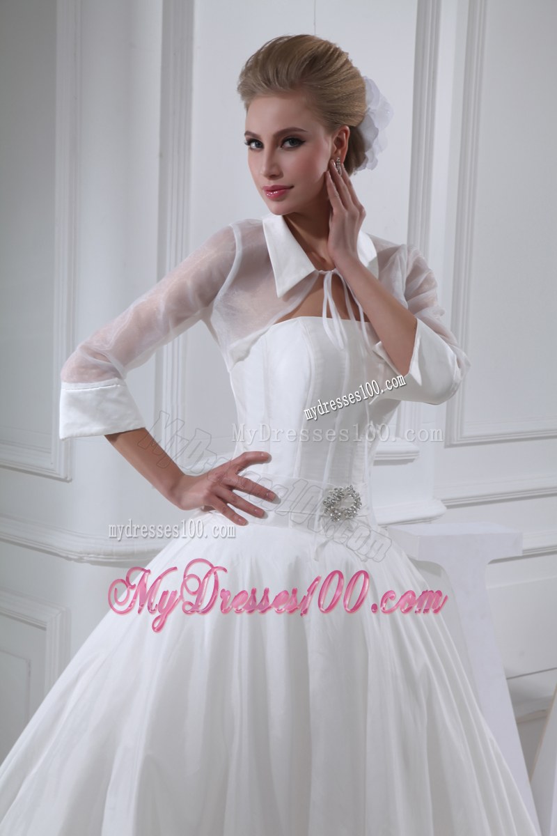 Jewelry Decorated Chapel Train Bridal Gown with puffy Skirt and Transparent jacket