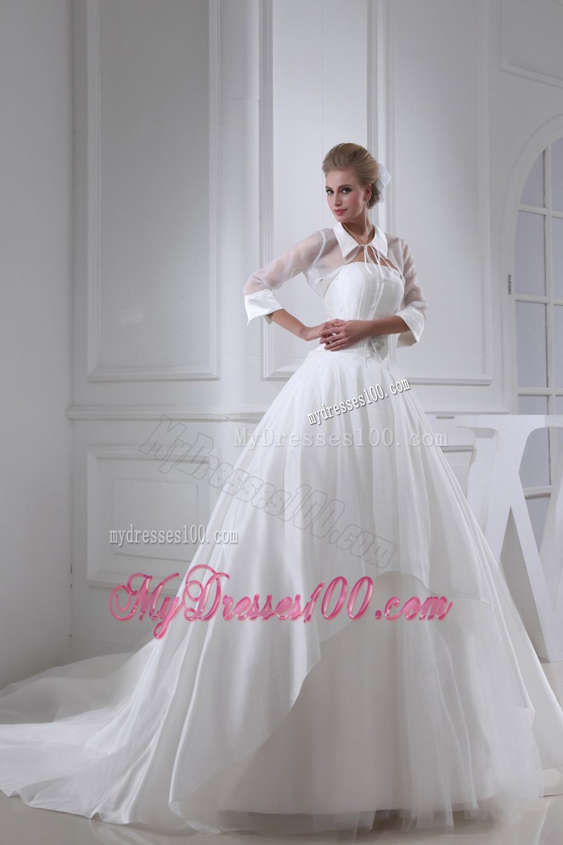 Jewelry Decorated Chapel Train Bridal Gown with puffy Skirt and Transparent jacket