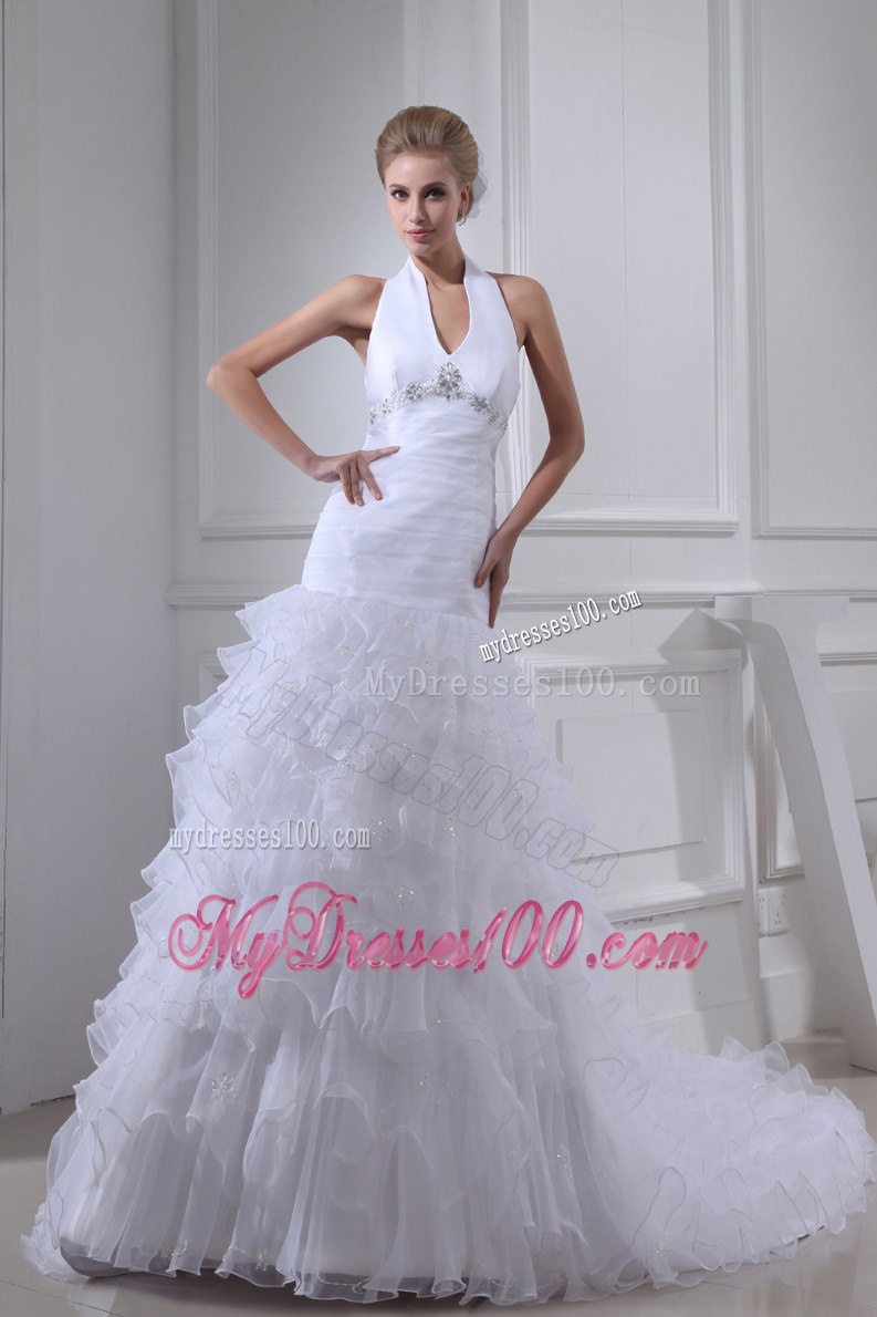 Ruching and Beading Decorated Bridal Gown with Ruffled Layers and Court Train