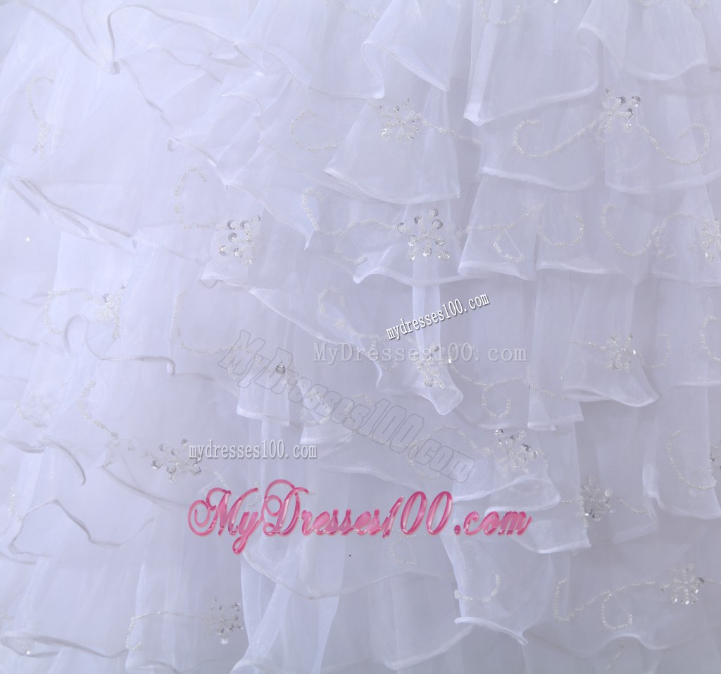 Ruching and Beading Decorated Bridal Gown with Ruffled Layers and Court Train
