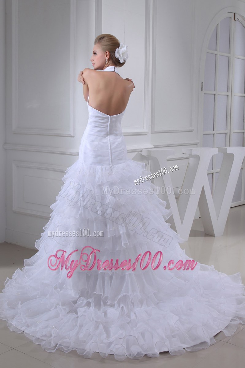 Ruching and Beading Decorated Bridal Gown with Ruffled Layers and Court Train