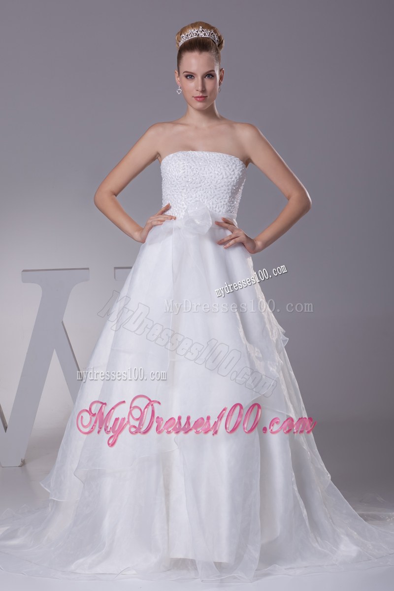 Tiers Brush Train Wedding Bridal Gown with Bowknot and Shiny Diamonds