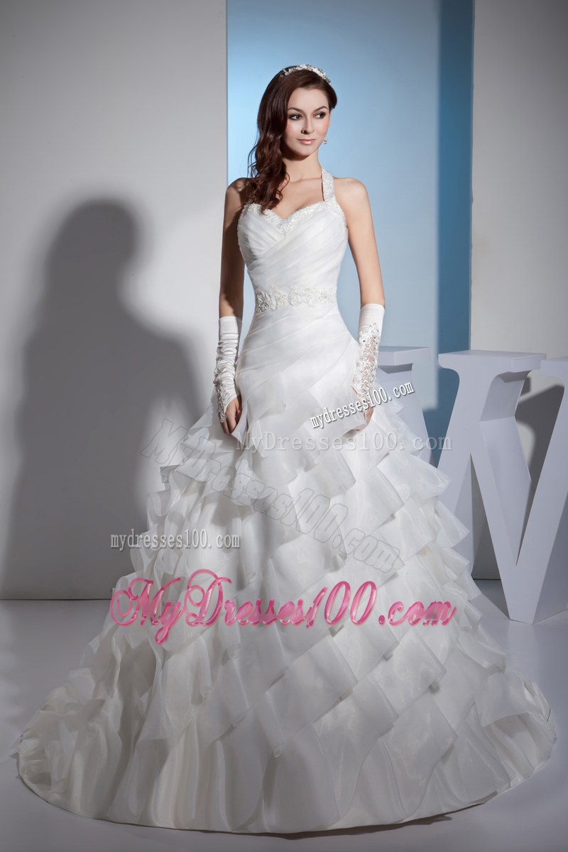 Jewelry Halter Top Wedding Gown with Beaded Appliques and Ruffled Layers