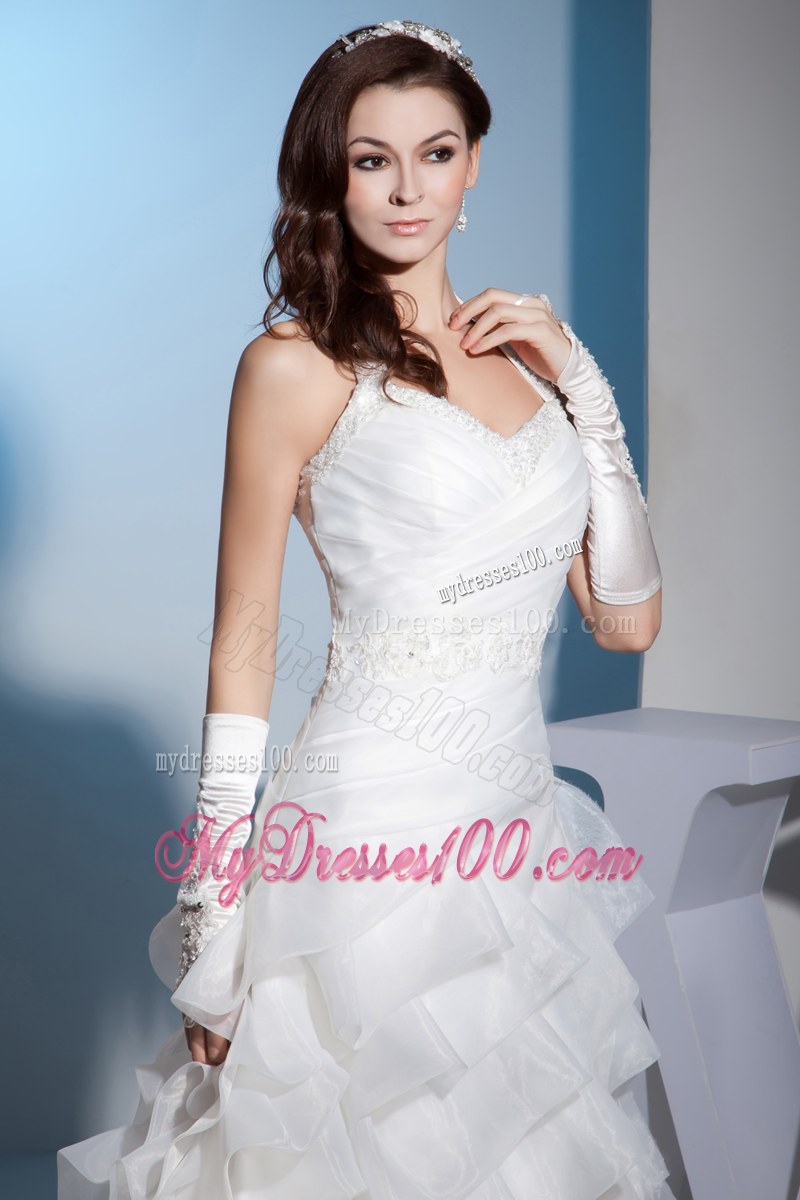 Jewelry Halter Top Wedding Gown with Beaded Appliques and Ruffled Layers