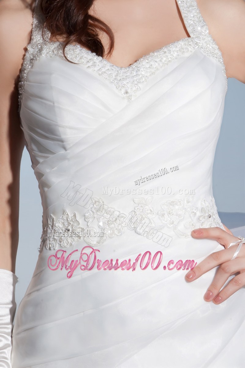 Jewelry Halter Top Wedding Gown with Beaded Appliques and Ruffled Layers