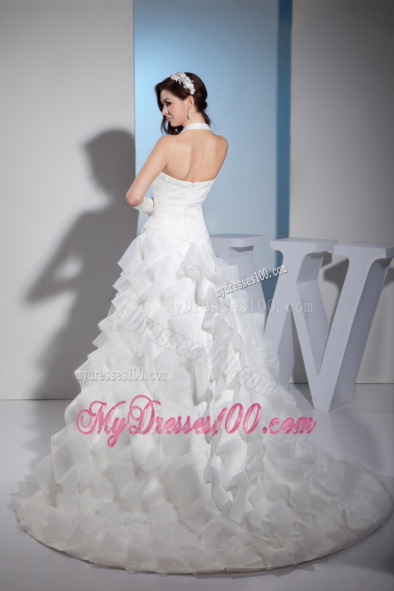 Jewelry Halter Top Wedding Gown with Beaded Appliques and Ruffled Layers