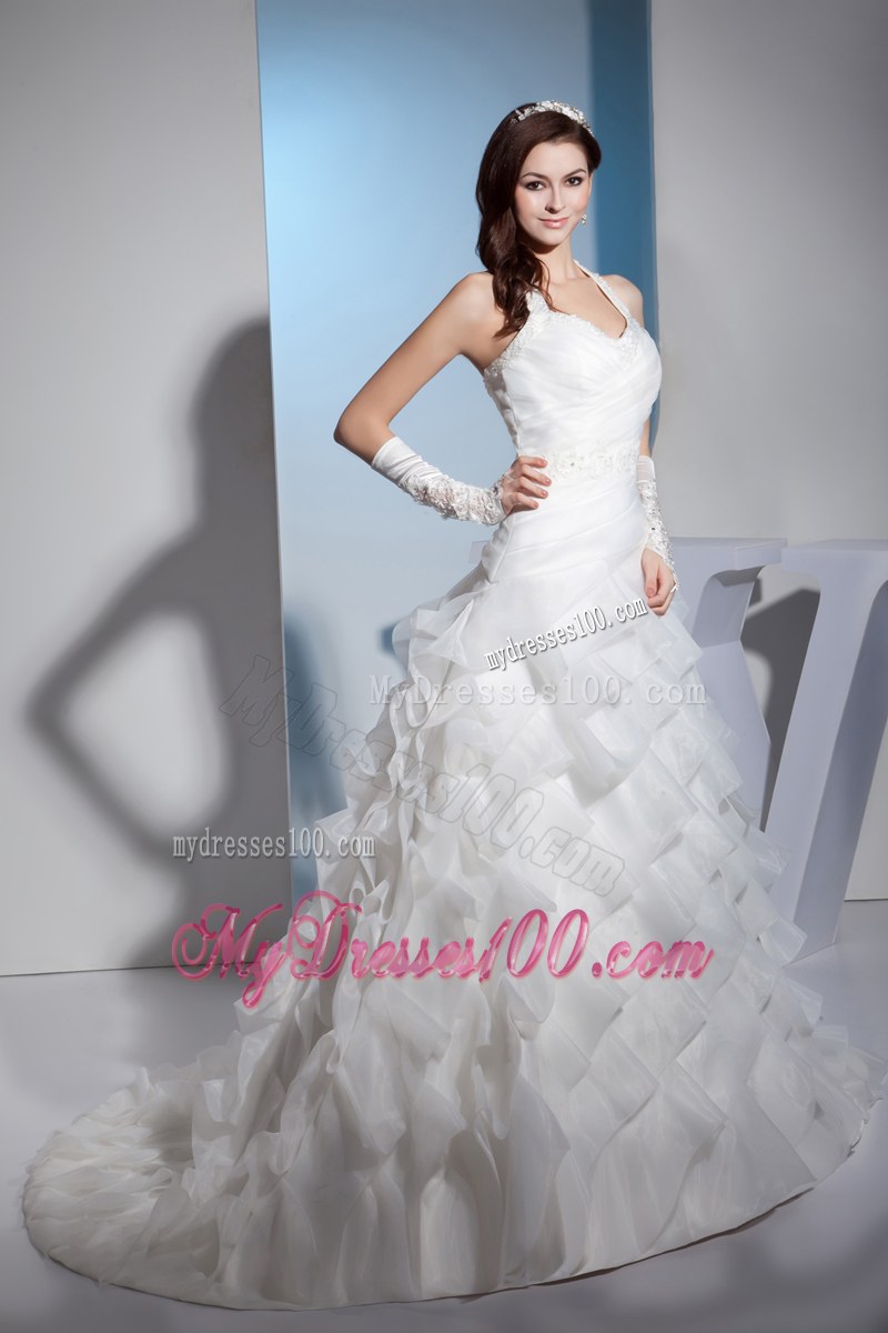Jewelry Halter Top Wedding Gown with Beaded Appliques and Ruffled Layers
