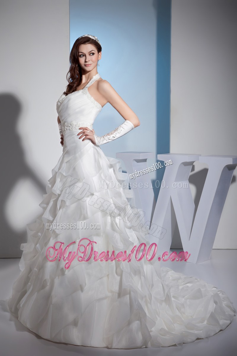 Jewelry Halter Top Wedding Gown with Beaded Appliques and Ruffled Layers