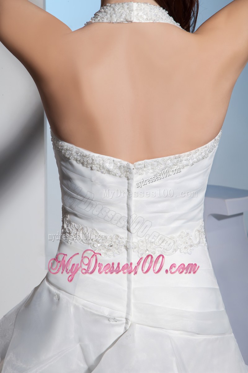 Jewelry Halter Top Wedding Gown with Beaded Appliques and Ruffled Layers