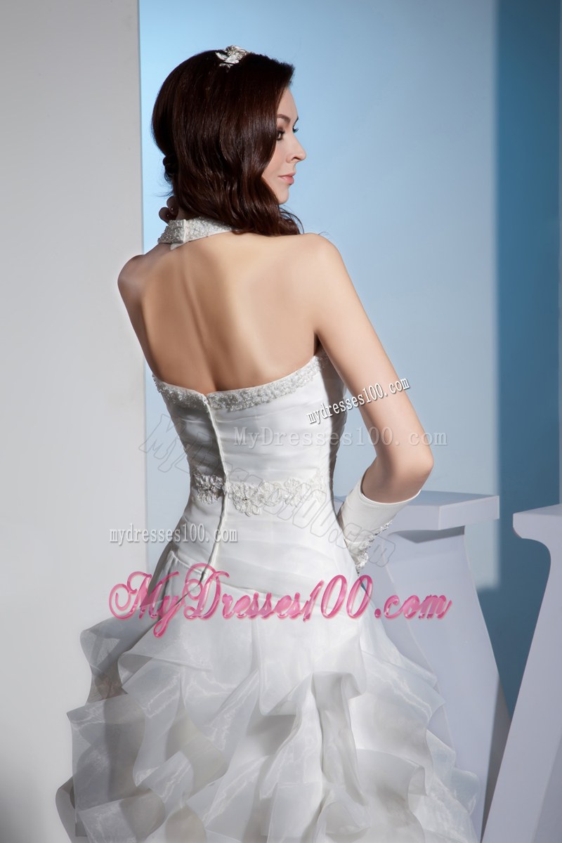 Jewelry Halter Top Wedding Gown with Beaded Appliques and Ruffled Layers