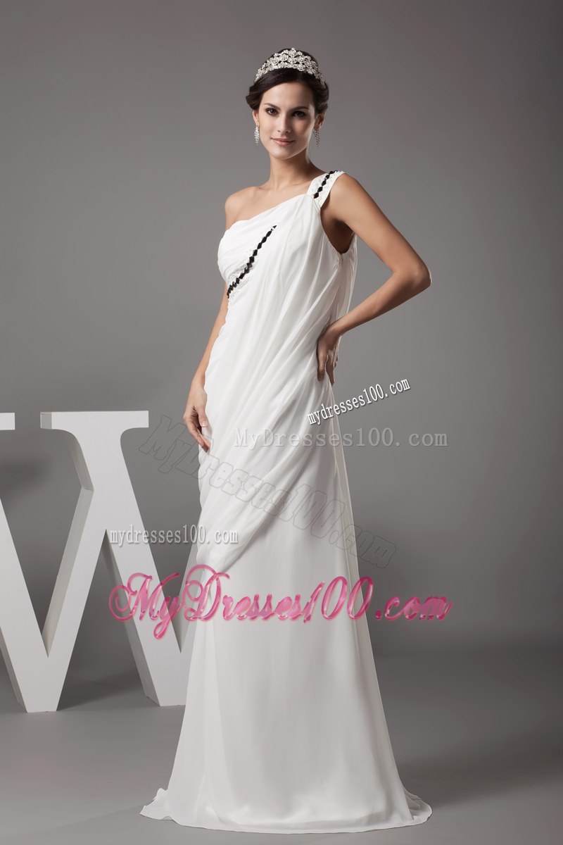 Pick-ups Single Shoulder Dress for Wedding Decorated with Black Jewelries