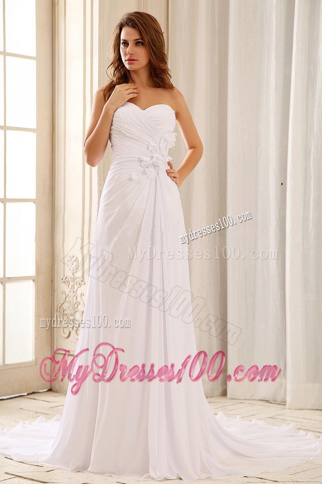 Ruched Bodice for Court Train Wedding Dresses with Hand Made Flowers