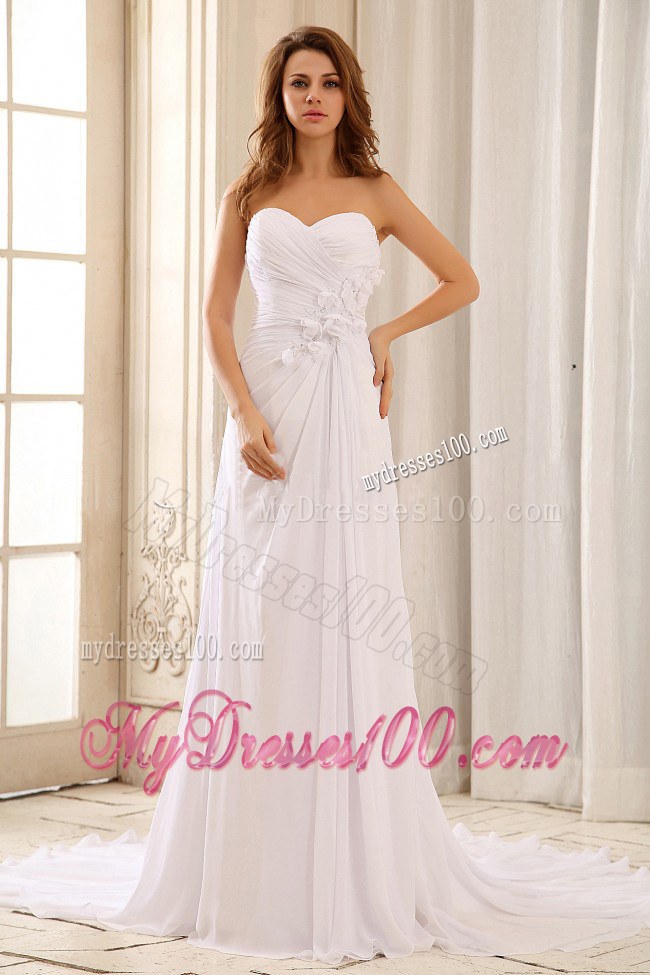 Ruched Bodice for Court Train Wedding Dresses with Hand Made Flowers