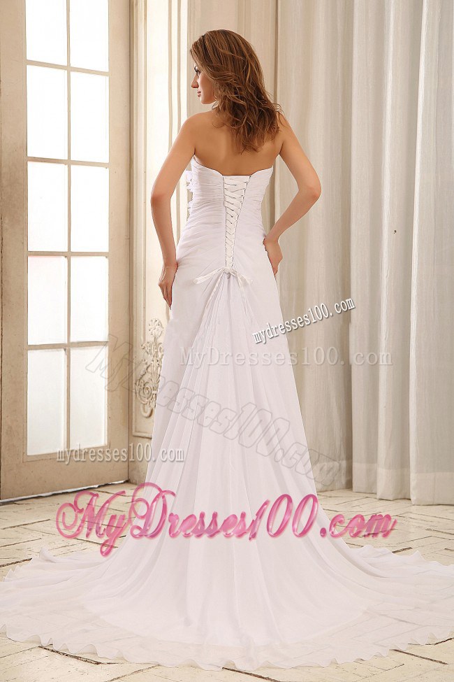 Ruched Bodice for Court Train Wedding Dresses with Hand Made Flowers