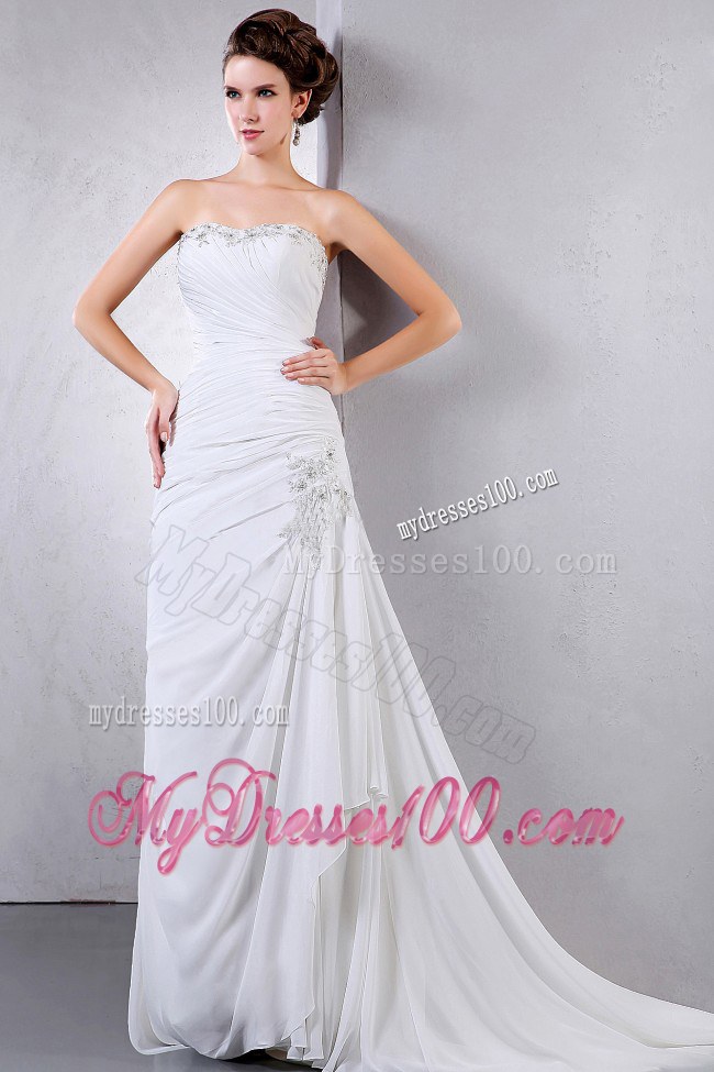 Beautiful 2013 Court Train Wedding Dress with Appliques and Ruching