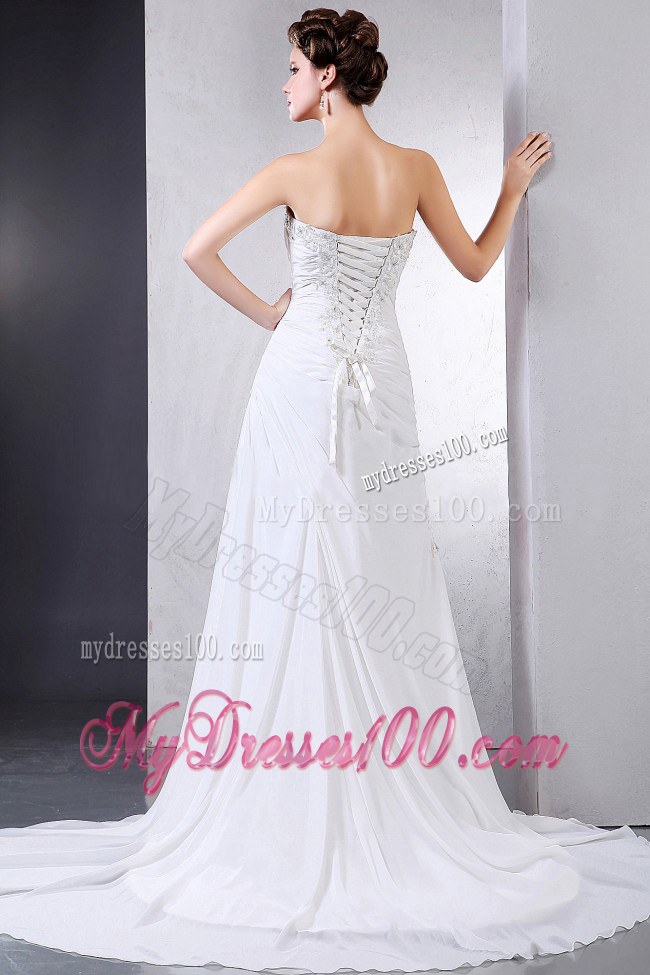 Beautiful 2013 Court Train Wedding Dress with Appliques and Ruching