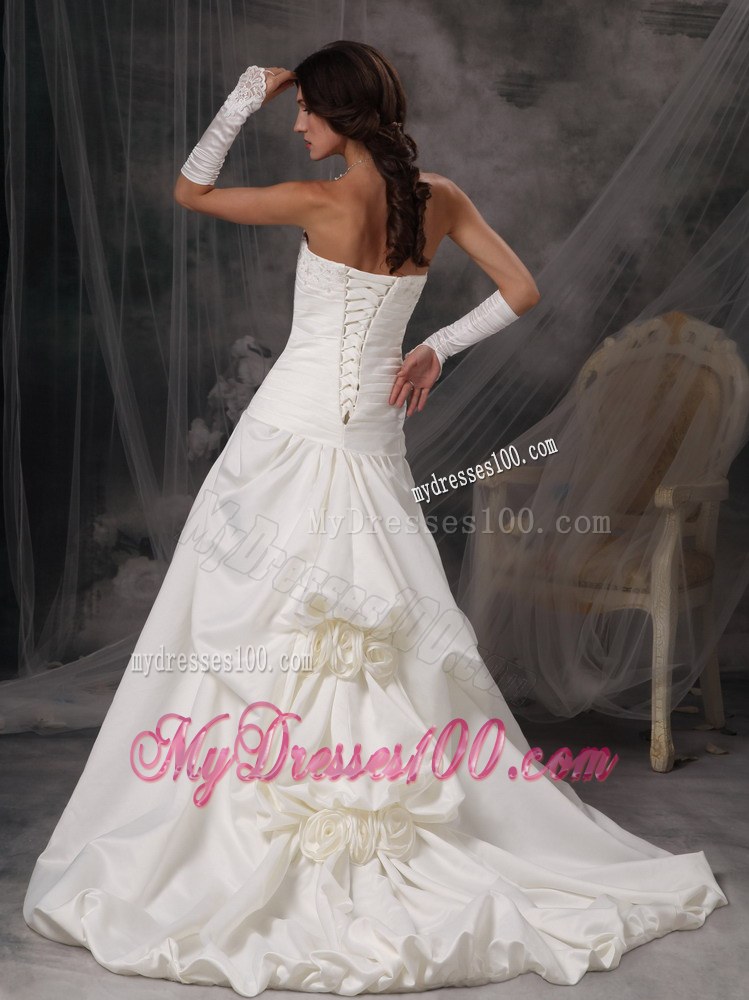 Strapless Court Train Beading Decorate Bridal Gown with Hand Made Flowers