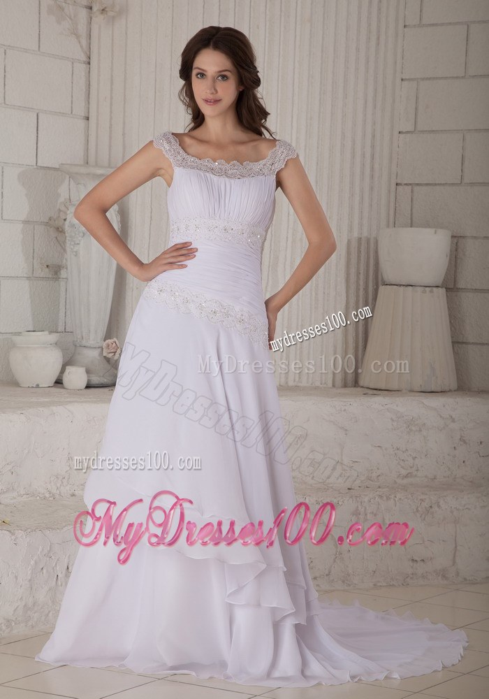 Staps Scoop Court Train Chiffon Wedding Dress with Layers and Embroidery
