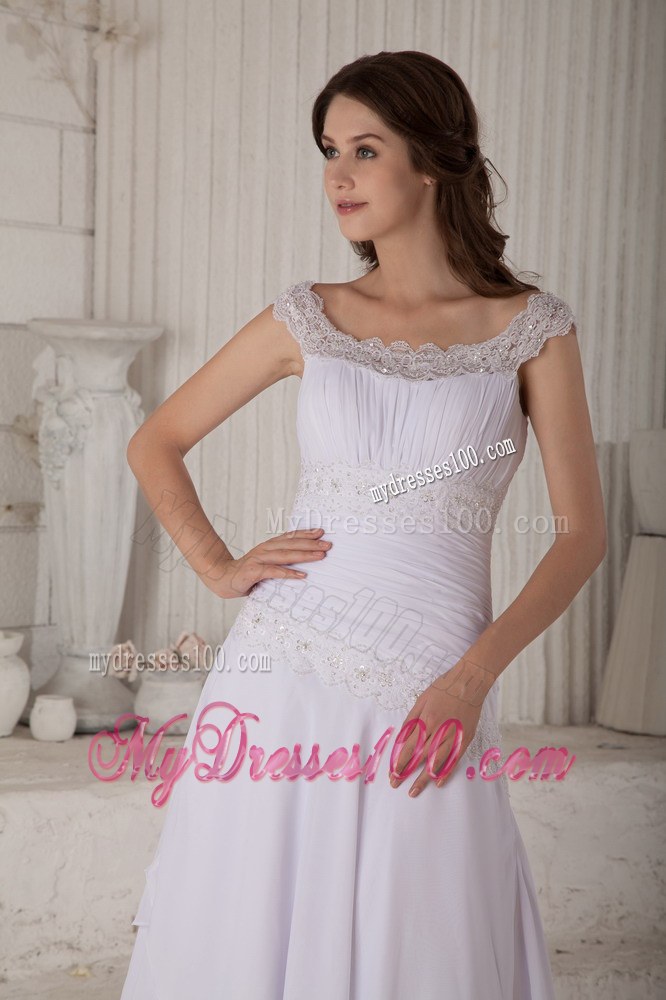 Staps Scoop Court Train Chiffon Wedding Dress with Layers and Embroidery