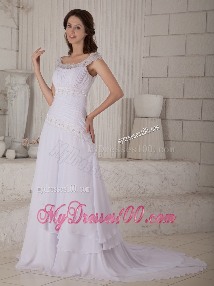 Staps Scoop Court Train Chiffon Wedding Dress with Layers and Embroidery