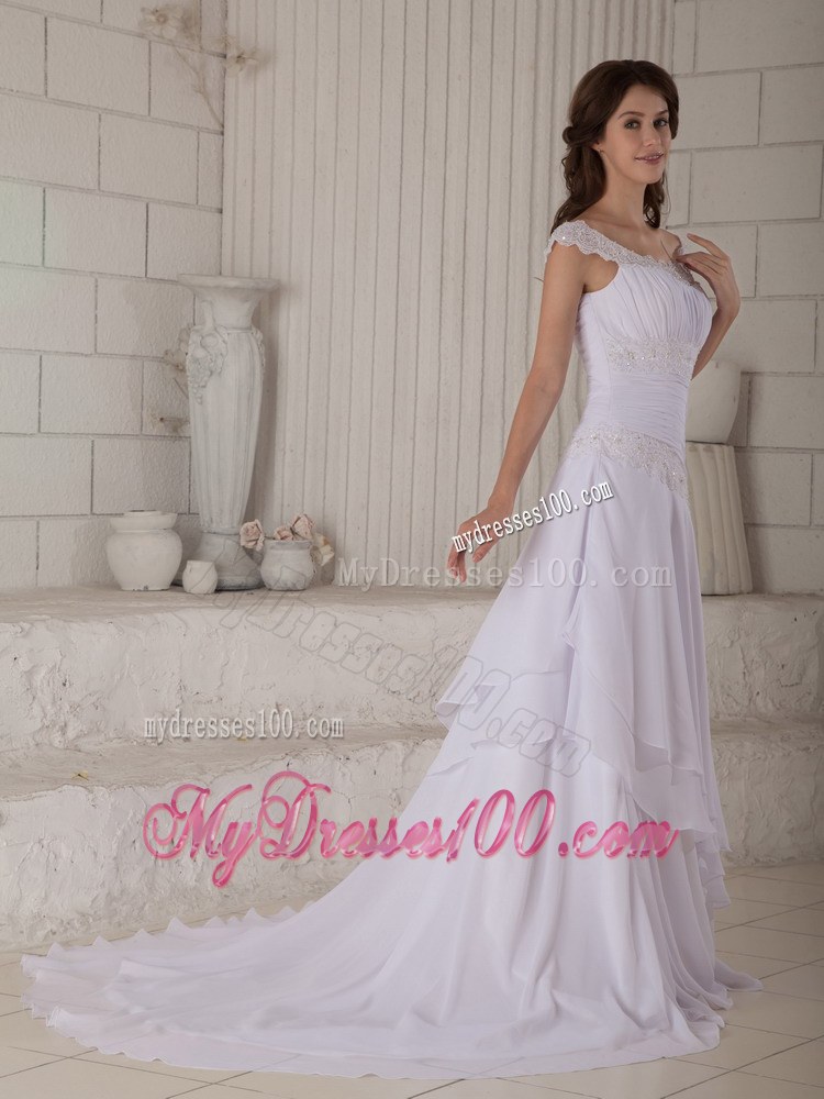 Staps Scoop Court Train Chiffon Wedding Dress with Layers and Embroidery