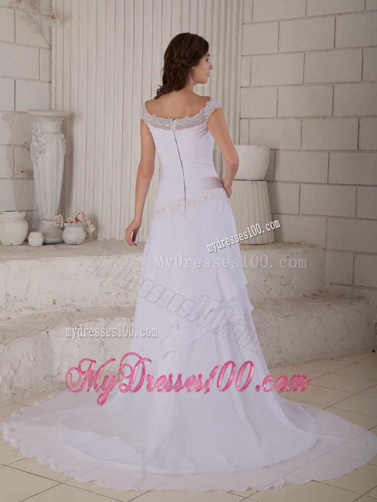 Staps Scoop Court Train Chiffon Wedding Dress with Layers and Embroidery