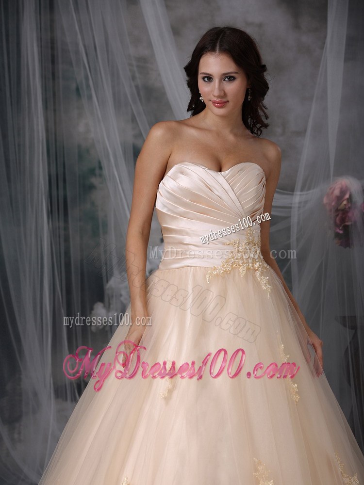 Beaded Champagne Brush Train Wedding Gown with Embroidered Hemline