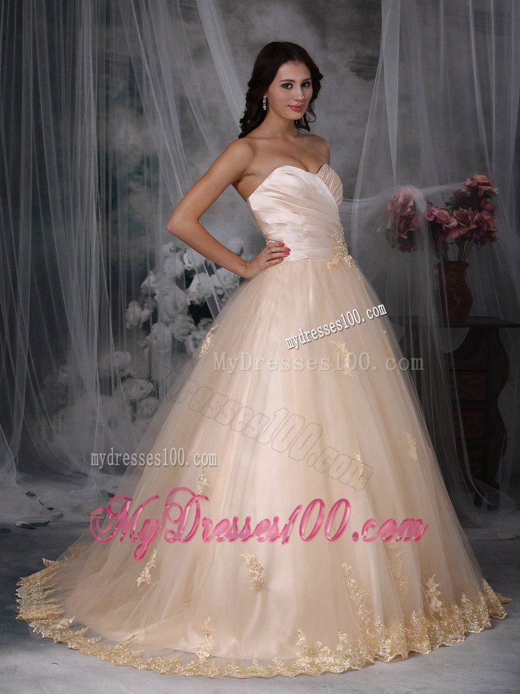 Beaded Champagne Brush Train Wedding Gown with Embroidered Hemline