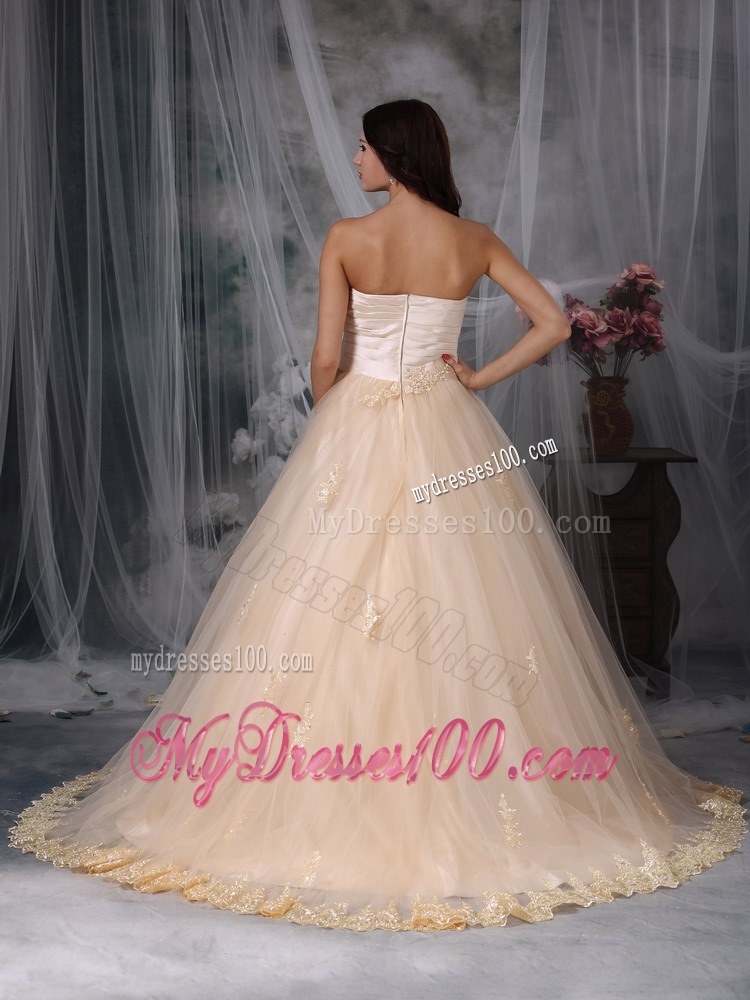 Beaded Champagne Brush Train Wedding Gown with Embroidered Hemline