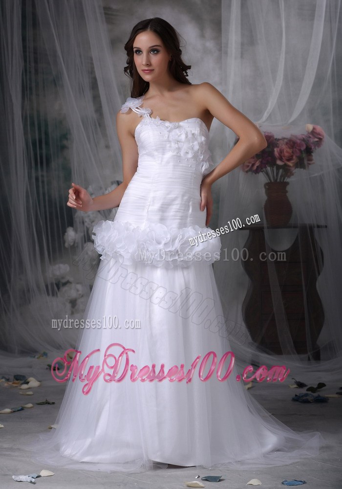 Single Shoulder Sweep Train Wedding Gown Unique from The Circle Flowers