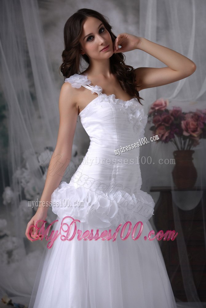 Single Shoulder Sweep Train Wedding Gown Unique from The Circle Flowers