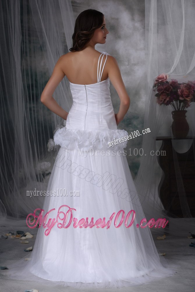 Single Shoulder Sweep Train Wedding Gown Unique from The Circle Flowers