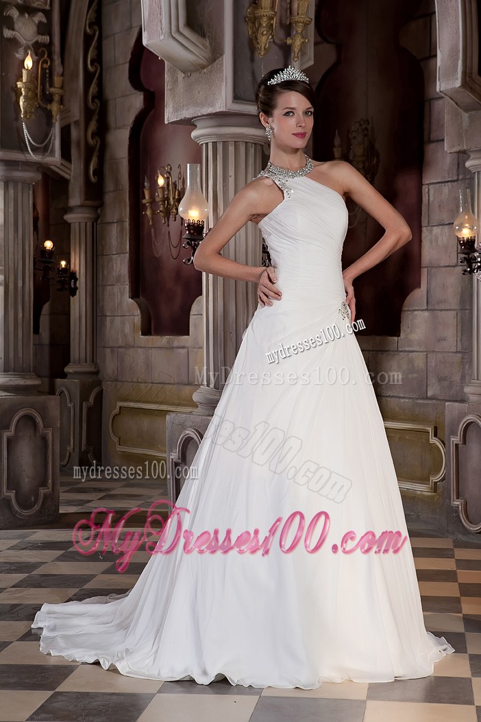 Jewelry One Shoulder Ruching Brush Train Dresses for Brides in White
