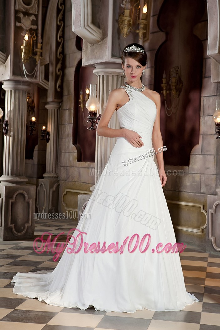 Jewelry One Shoulder Ruching Brush Train Dresses for Brides in White